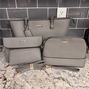 Elegant Gray Tote & Accessory Set with Gold Accents